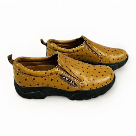 ROPER Leather Ostrich Print Shoes Clogs Womens Size 7.5 Tan Slip On - Picture 2 of 7